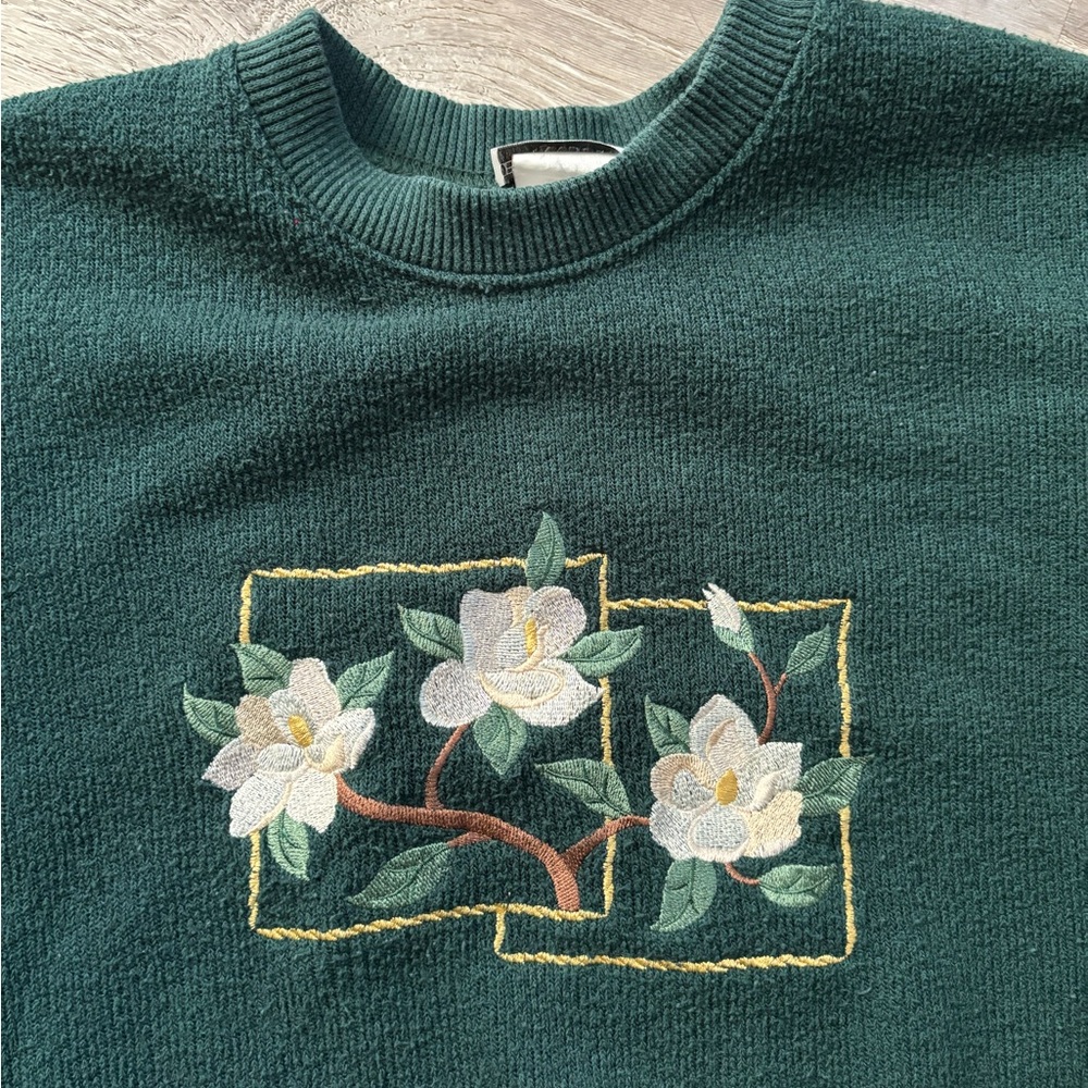BonWorth Dark Green Floral Embroidered Crewneck Sweater